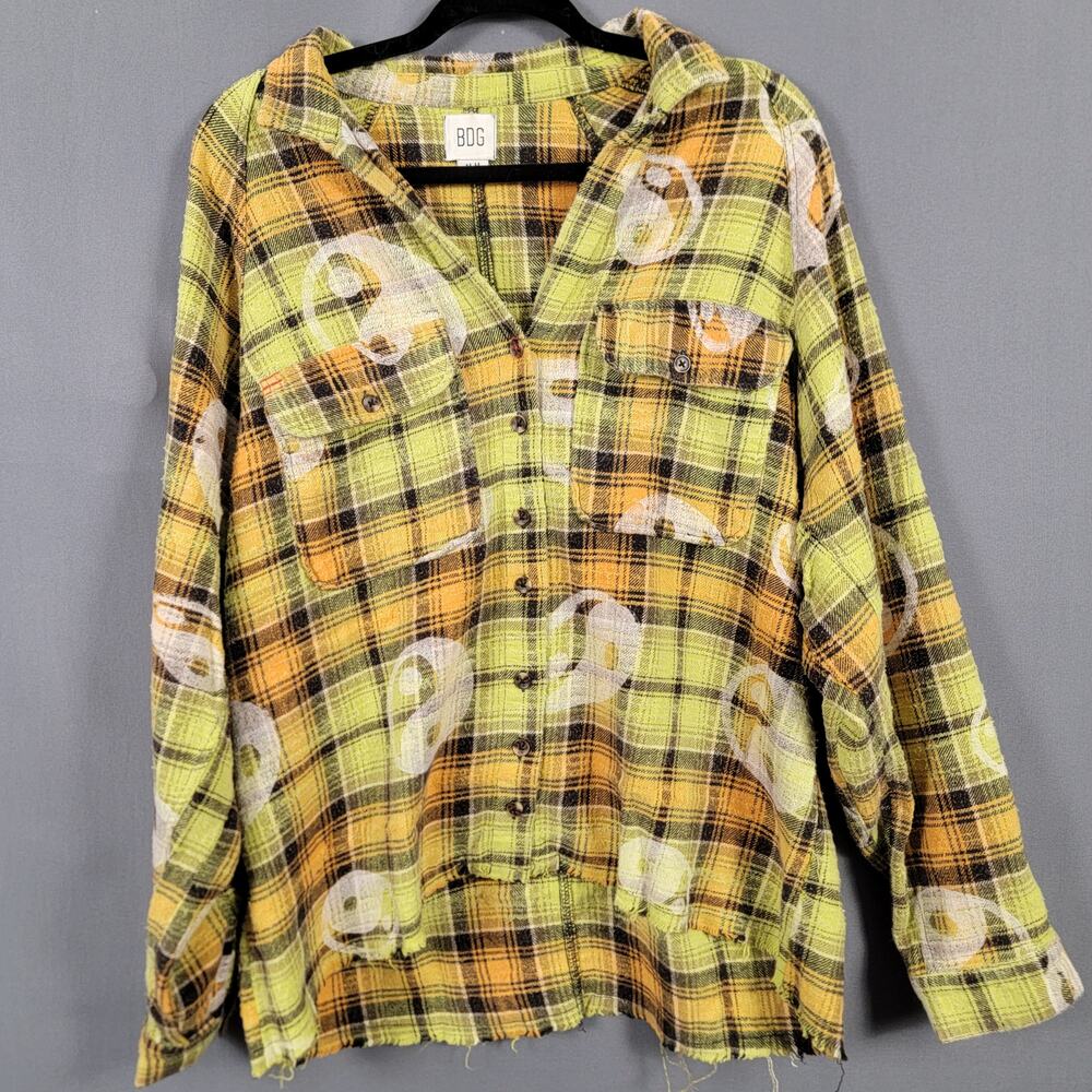 BDG Yellow and Black Plaid Button-Up Blouse with White Graphic Accents